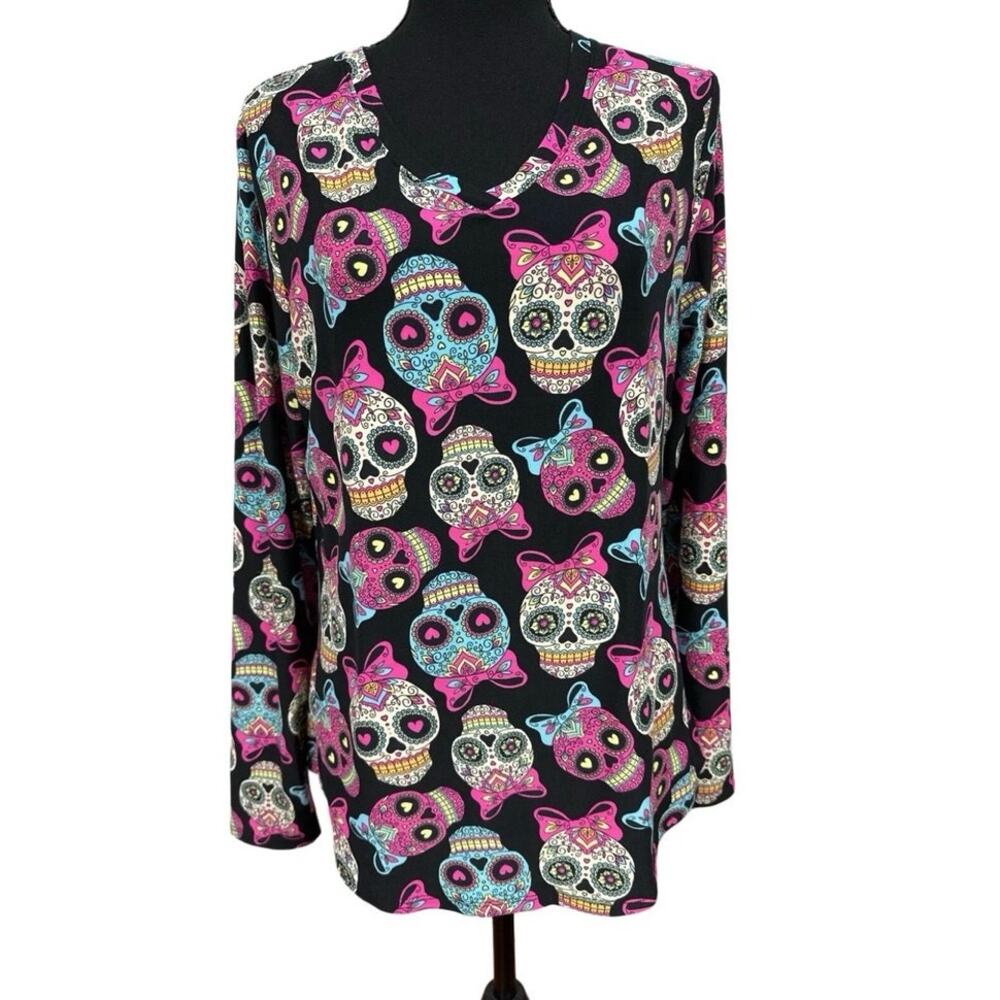 Women’s Junior Y2k Halloween Mexican Sugar Skull Colorful Super Soft Top Large - Picture 1 of 11